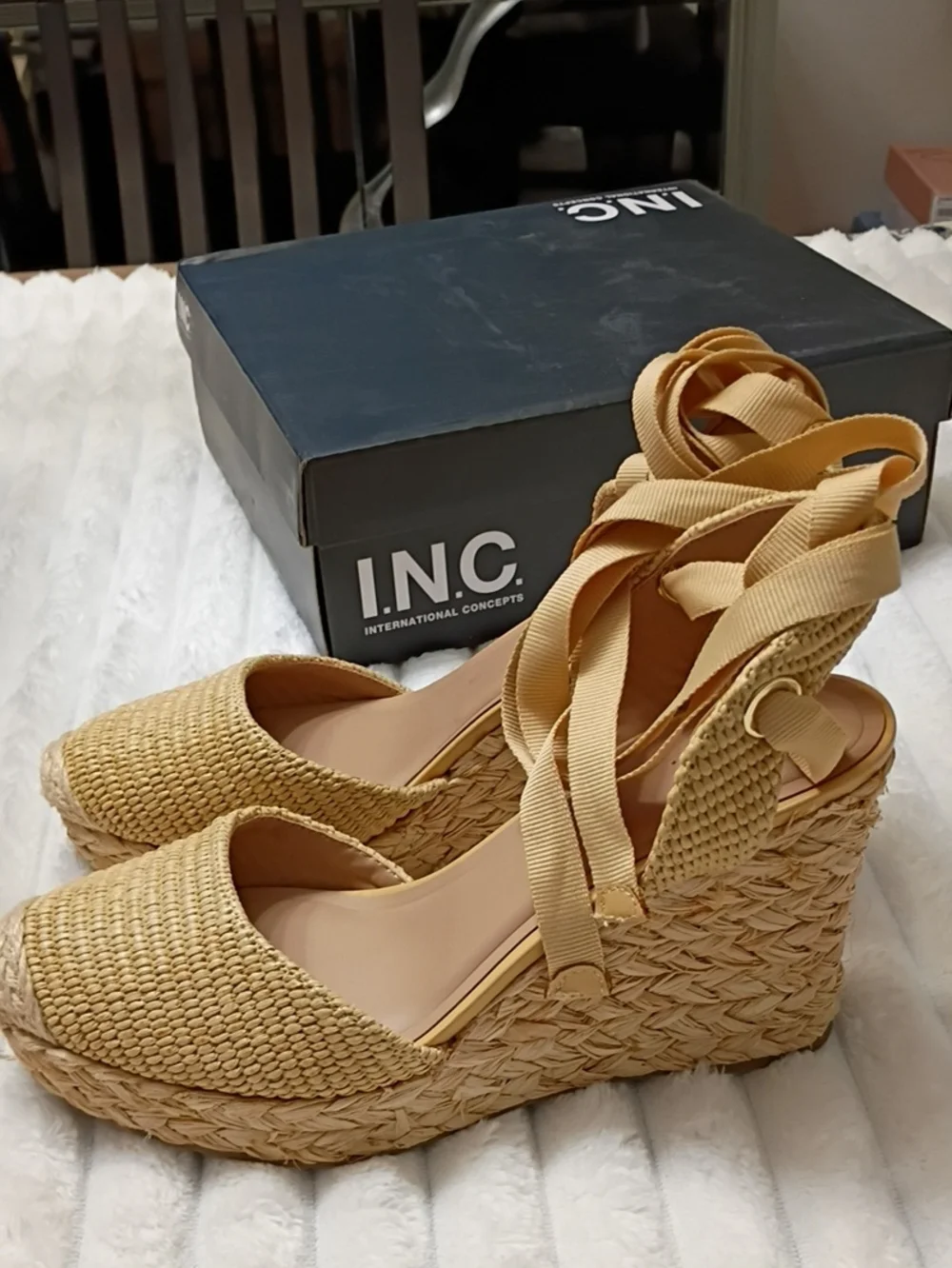 INC International Concepts Tan Woven Espadrille Wedge Sandals with Ankle Ribbon